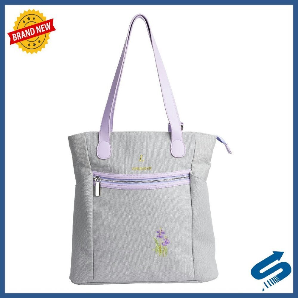 Canvas Tote Bag with Embroidery, 13.7" Handbag, 7 Pockets, Metal Zipper